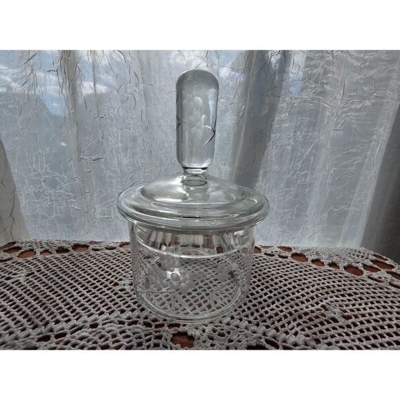 Vintage MCM Etched Glass Jar With Lid Vanity Apothecary - Picture 2 of 8